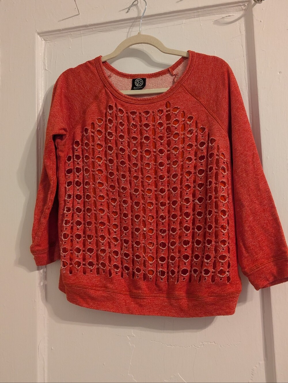 Bobeau Coral Heathered Laser Cut Distressed Cutout Sweatshirt Small